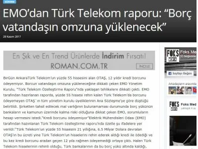 EMO’DAN TÜRK TELEKOM RAPORU: “BORÇ VATANDAŞIN OMZUNA YÜKLENECEK” (FOKSMEDYA.COM)