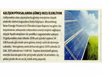 GELİŞEN PİYASALARDA GÜNEŞ HIZLI İLERLİYOR (DÜNYA)