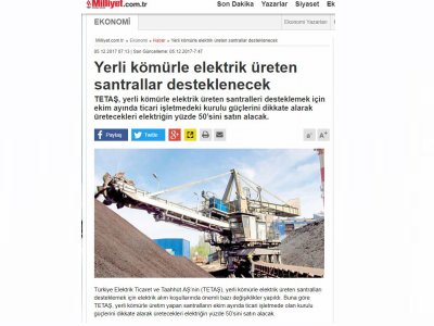 YERLİ KÖMÜRLE ELEKTRİK ÜRETEN SANTRALLAR DESTEKLENECEK (MİLLİYET)