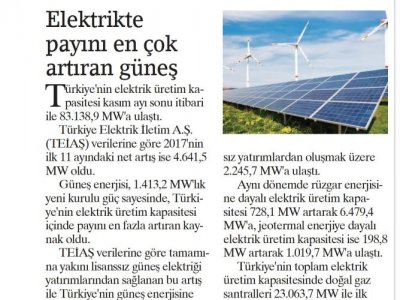 ELEKTRİKTE PAYINI EN ÇOK ARTIRAN GÜNEŞ (BİRGÜN)
