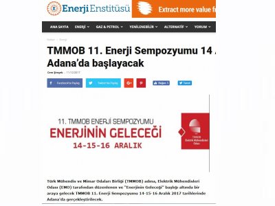 TMMOB 11. ENERJİ SEMPOZYUMU 14 ARALIK’TA ADANA’DA BAŞLAYACAK (ENERJİENSTİTUSU.COM)
