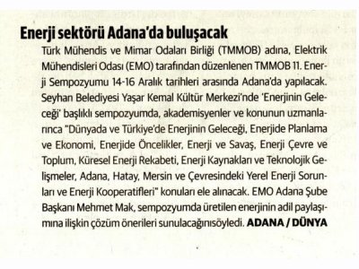 ENERJİ SEKTÖRÜ ADANA`DA BULUŞACAK (DÜNYA)