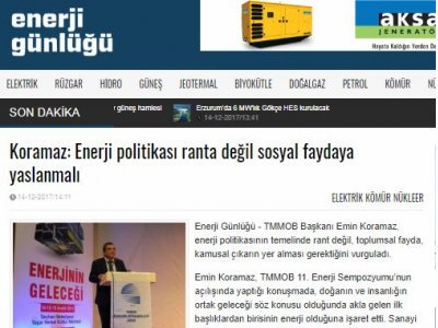 KORAMAZ: ENERJİ POLİTİKASI RANTA DEĞİL SOSYAL FAYDAYA YASLANMALI (ENERJİGUNLUGU.NET)