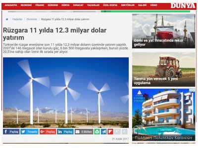 RÜZGARA 11 YILDA 12.3 MİLYAR DOLAR YATIRIM (DUNYA.COM.TR)