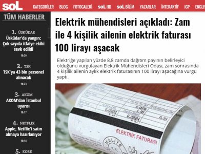 ELEKTRİK MÜHENDİSLERİ AÇIKLADI: ZAM İLE 4 KİŞİLİK AİLENİN ELEKTRİK FATURASI 100 LİRAYI AŞACAK (SOL.ORG.TR)