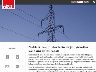 ELEKTRİK ZAMMI DEVLETİN DEĞİL, ŞİRKETLERİN KASASINI DOLDURACAK (AHVALNEWS.COM)