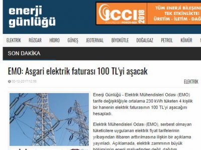 EMO: ASGARİ ELEKTRİK FATURASI 100 TL`Yİ AŞACAK (ENERJİGUNLUGU.NET)
