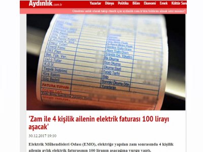 ZAM İLE 4 KİŞİLİK AİLENİN ELEKTRİK FATURASI 100 LİRAYI AŞACAK (AYDİNLİK.COM.TR)