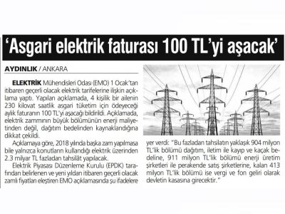 `ASGARİ ELEKTRİK FATURASI 100 TL`Yİ AŞACAK` (AYDINLIK)