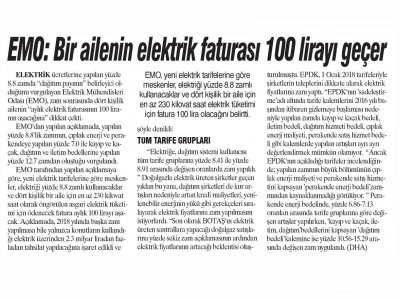 EMO: BİR AİLENİN ELEKTRİK FATURASI 100 LİRAYI GEÇER (GÜNBOYU)