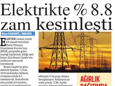 ELEKTRİKTE %8.8 ZAM KESİNLEŞTİ (HÜRRİYET)