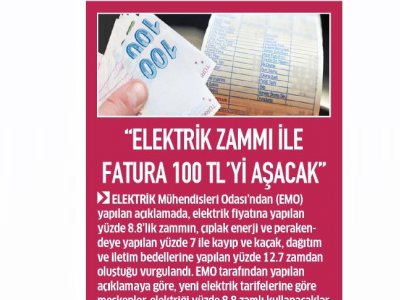 `ELEKTRİK ZAMMI İLE FATURA 100 TL`Yİ AŞACAK` (MİLLİ GAZETE)