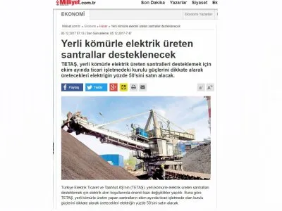 YERLİ KÖMÜRLE ELEKTRİK ÜRETEN SANTRALLAR DESTEKLENECEK (MİLLİYET)