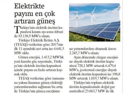 ELEKTRİKTE PAYINI EN ÇOK ARTIRAN GÜNEŞ (BİRGÜN)