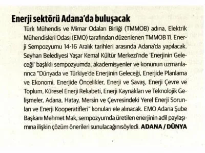 ENERJİ SEKTÖRÜ ADANA`DA BULUŞACAK (DÜNYA)