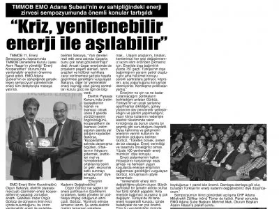 KRİZ, YENİLENEBİLİR ENERJİ İLE AŞILABİLİR (BİZİM ADANA)
