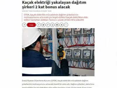 KAÇAK ELEKTRİĞİ YAKALAYAN DAĞITIM ŞİRKETLERİ 2 KAT BONUS ALACAK (HABERTURK.COM)