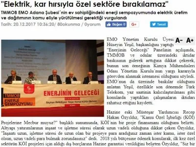 `ELEKTRİK, KAR HIRSIYLA ÖZEL SEKTÖRE BIRAKILAMAZ` (YENİADANA.NET)