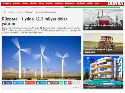 RÜZGARA 11 YILDA 12.3 MİLYAR DOLAR YATIRIM (DUNYA.COM.TR)