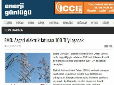 EMO: ASGARİ ELEKTRİK FATURASI 100 TL`Yİ AŞACAK (ENERJİGUNLUGU.NET)