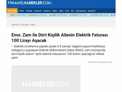 EMO: ZAM İLE DÖRT KİŞİLİK AİLENİN ELEKTRİK FATURASI 100 LİRAYI AŞACAK (HABERLER.COM.TR)