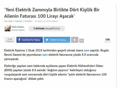 `YENİ ELEKTRİK ZAMMIYLA BİRLİKTE DÖRT KİŞİLİK BİR AİLENİN FATURASI 100 LİRAYI AŞACAK` (ONEDİO.COM)