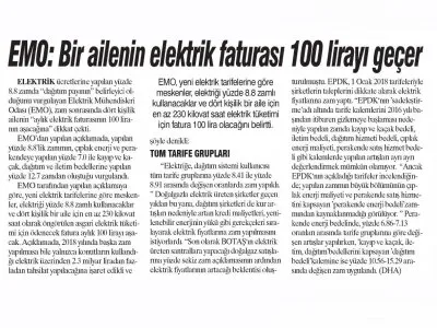 EMO: BİR AİLENİN ELEKTRİK FATURASI 100 LİRAYI GEÇER (GÜNBOYU)