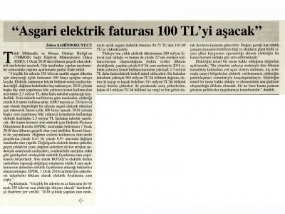“ASGARİ ELEKTRİK FATURASI 100 TL’Yİ AŞACAK” (BAŞKENT GAZETESİ)