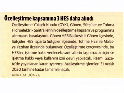 ÖZELLEŞTİRME KAPSAMINA 3 HES DAHA ALINDI (DÜNYA)