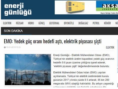 EMO: YEDEK GÜÇ ORANI HEDEFİ AŞTI, ELEKTRİK PİYASASI ŞİŞTİ (ENERJİGUNLUGU.NET)