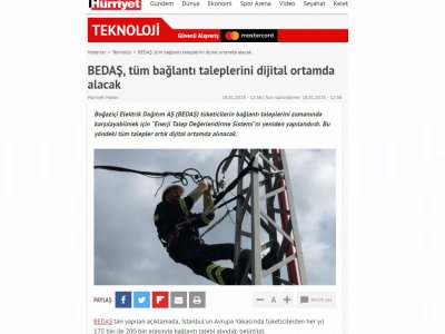 BEDAŞ, TÜM BAĞLANTI TALEPLERİNİ DİJİTAL ORTAMDA ALACAK (HURRİYET.COM.TR)