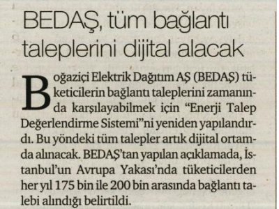BEDAŞ, TÜM BAĞLANTI TALEPLERİNİ DİJİTAL ALACAK (HÜRSES)