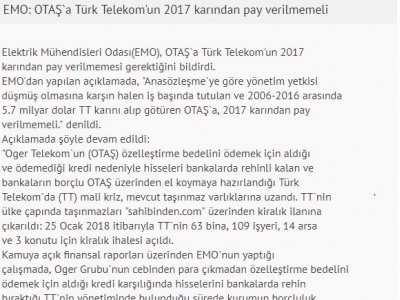 EMO: OTAŞ`A TÜRK TELEKOM`UN 2017 KARINDAN PAY VERİLMEMELİ (FİNANS.MYNET.COM)