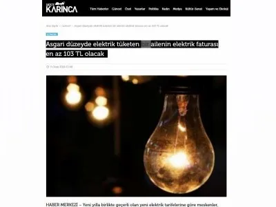 ASGARİ DÜZEYDE ELEKTRİK TÜKETEN BİR AİLENİN ELEKTRİK FATURASI EN AZ 103 TL OLACAK (GAZETEKARİNCA.COM)
