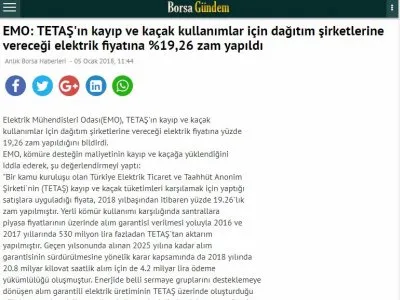 EMO: TETAŞ`IN KAYIP VE KAÇAK KULLANIMLAR İÇİN DAĞITIM ŞİRKETLERİNE VERECEĞİ ELEKTRİK FİYATINA %19,26 ZAM YAPILDI (M.BORSAGUNDEM.COM)