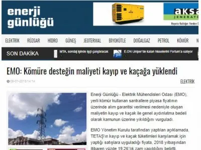 EMO: KÖMÜRE DESTEĞİN MALİYETİ KAYIP VE KAÇAĞA YÜKLENDİ (ENERJİGUNLUGU.NET)