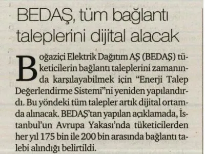 BEDAŞ, TÜM BAĞLANTI TALEPLERİNİ DİJİTAL ALACAK (HÜRSES)