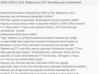 EMO: OTAŞ`A TÜRK TELEKOM`UN 2017 KARINDAN PAY VERİLMEMELİ (FİNANS.MYNET.COM)