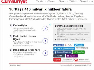 YURTTAŞA 416 MİLYARLIK NÜKLEER FATURA (CUMHURİYET.COM.TR)