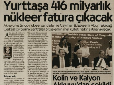 YURTTAŞA 416 MİLYARLIK NÜKLEER FATURA ÇIKACAK  (CUMHURİYET)