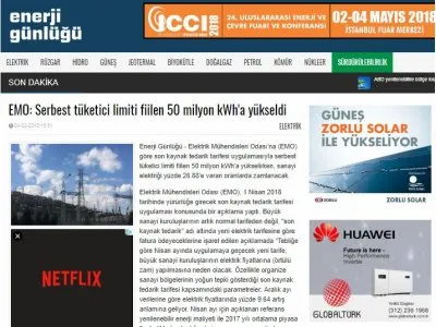 EMO: SERBEST TÜKETİCİ LİMİTİ FİİLEN 50 MİLYON KWH`A YÜKSELDİ (ENERJİGUNLUGU.NET)