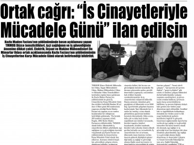 DÜZCE MANŞET: ORTAK ÇAĞRI: İŞ CİNAYETLERİYLE MÜCADELE GÜNÜ İLAN EDİLSİN