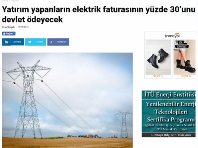 YATIRIM YAPANLARIN ELEKTRİK FATURASININ YÜZDE 30’UNU DEVLET ÖDEYECEK (ENERJİENSTİTUSU.COM)