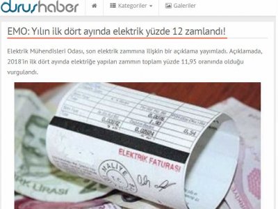 EMO: YILIN İLK DÖRT AYINDA ELEKTRİK YÜZDE 12 ZAMLANDI! (DURUSHABER.COM.TR)