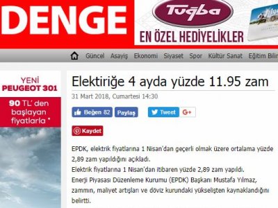 ELEKTİRİĞE 4 AYDA YÜZDE 11.95 ZAM (AYDİNDENGE.COM.TR)