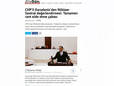 CHP`Lİ KARADENİZ`DEN NÜKLEER SANTRAL DEĞERLENDİRMESİ: TAMAMEN RANT ELDE ETME ÇABASI (BİRGUN.NET)
