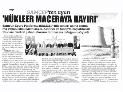 SAMÇEF`TEN UYARI `NÜKLEER MACERAYA HAYIR` (SAMSUN GAZETESİ)