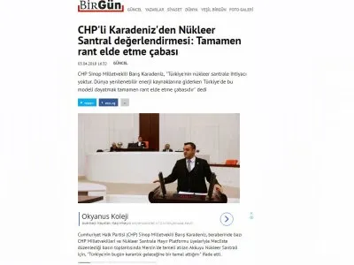 CHP`Lİ KARADENİZ`DEN NÜKLEER SANTRAL DEĞERLENDİRMESİ: TAMAMEN RANT ELDE ETME ÇABASI (BİRGUN.NET)