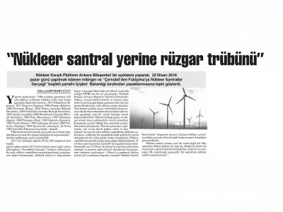 `NÜKLEER SANTRAL YERİNE RÜZGAR TRÜBÜNÜ` (BAŞKENT GAZETESİ, 24.04.2018)