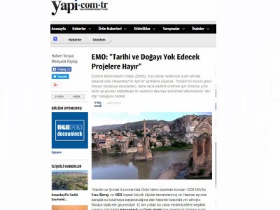 EMO: “TARİHİ VE DOĞAYI YOK EDECEK PROJELERE HAYIR”  (YAPİ.COM.TR)